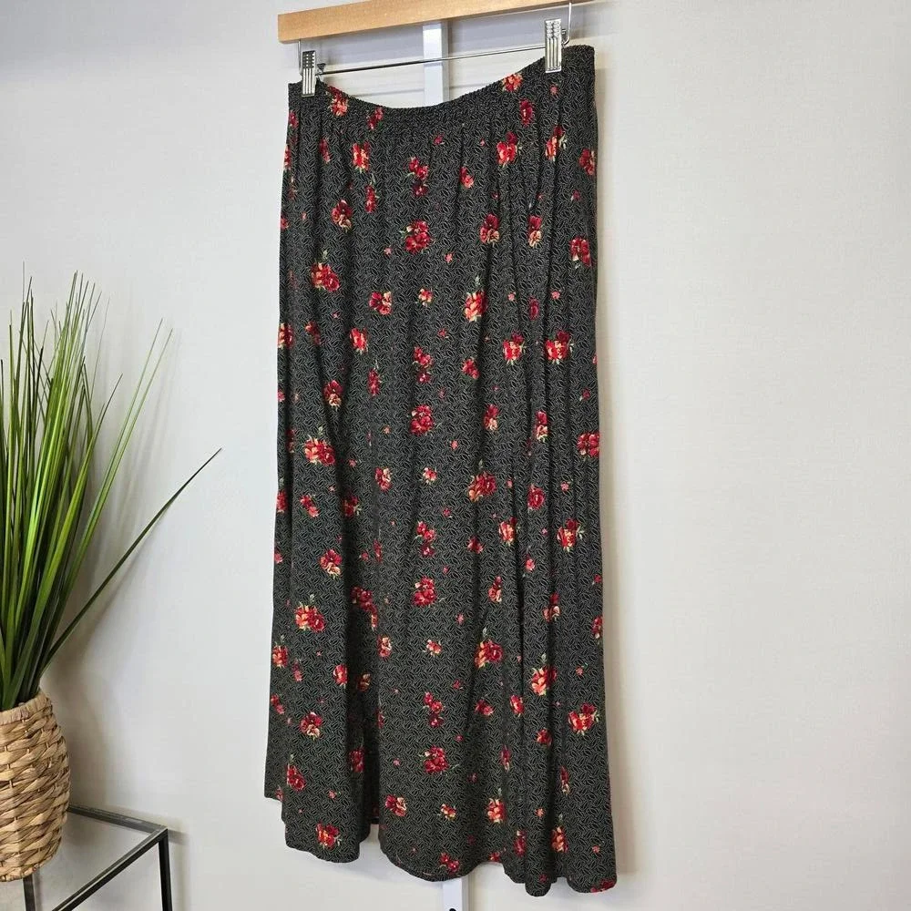 Liz Baker Essentials Womens Large Black‎ Red Floral Rayon Maxi Skirt Elastic